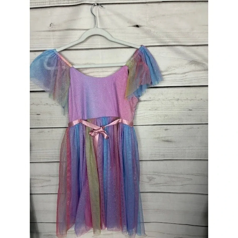 Bonnie Jean Girls Rainbow Glitter Tulle Party Dress Size 14 Ombre Flutter Sleeve